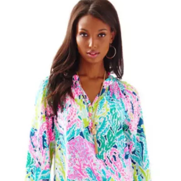 Lilly Pulitzer Tops - Lilly Pulitzer Elsa Silk Top Blouse Indigo Let's Cha Cha Long Sleeve Size Large
